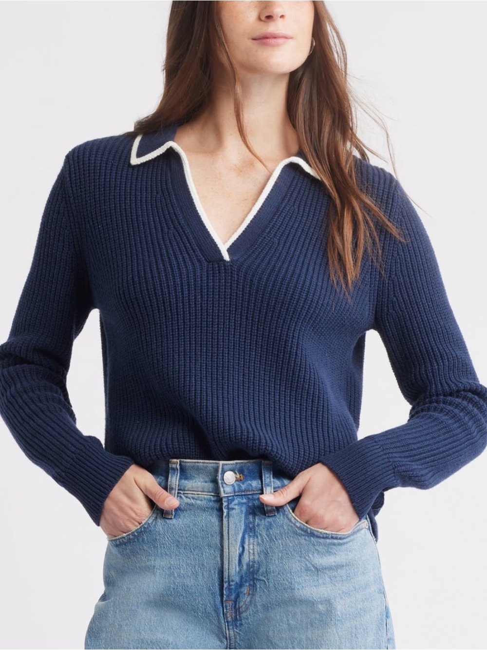 Caslon Johnny Collar cotton & wool Navy Ribbed V-Neck Sweater with White Trim